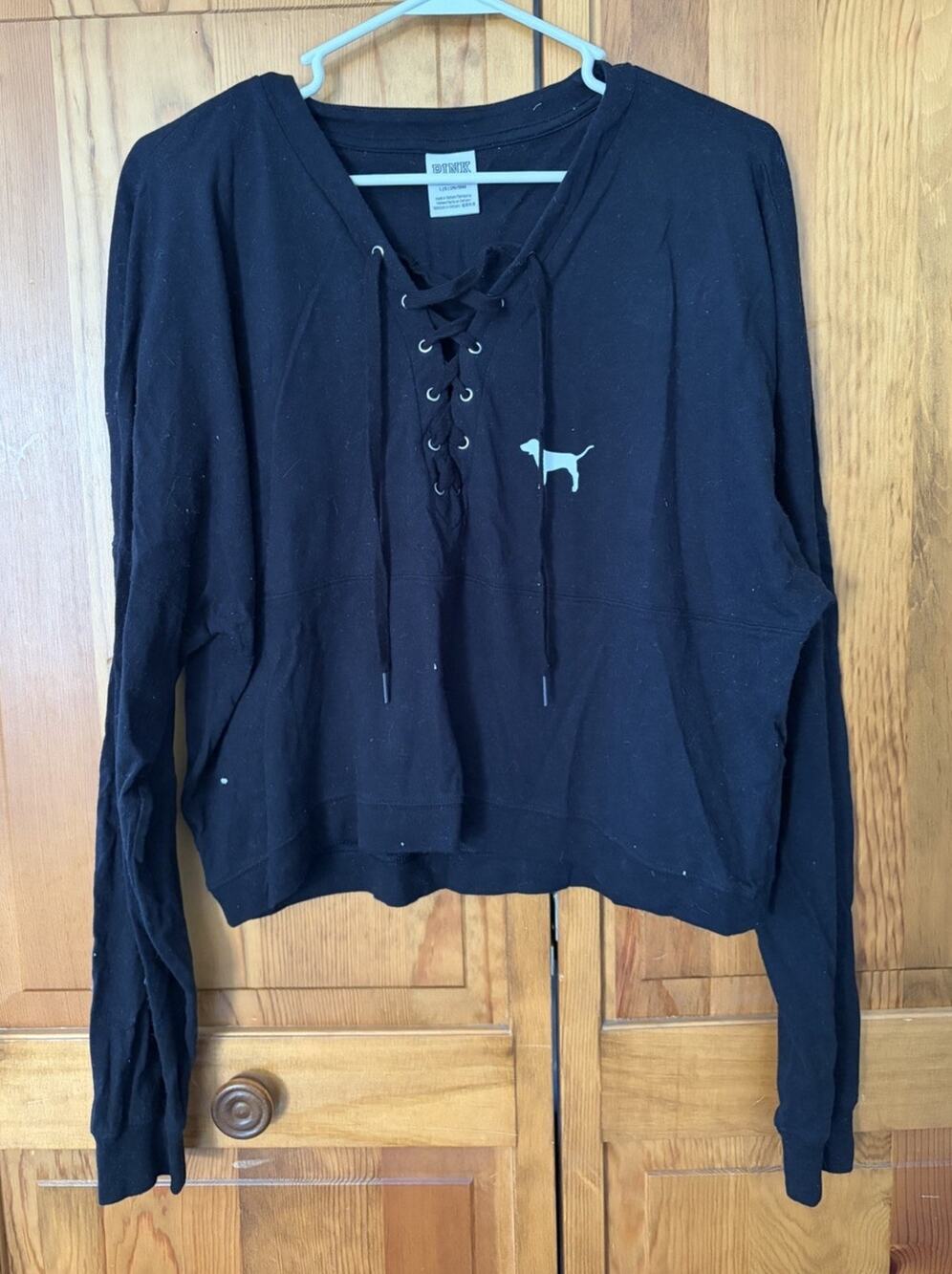 Pink Victorias Secret Women Top Black Cropped Shirt Logo Shoe Lace Neck Size L
